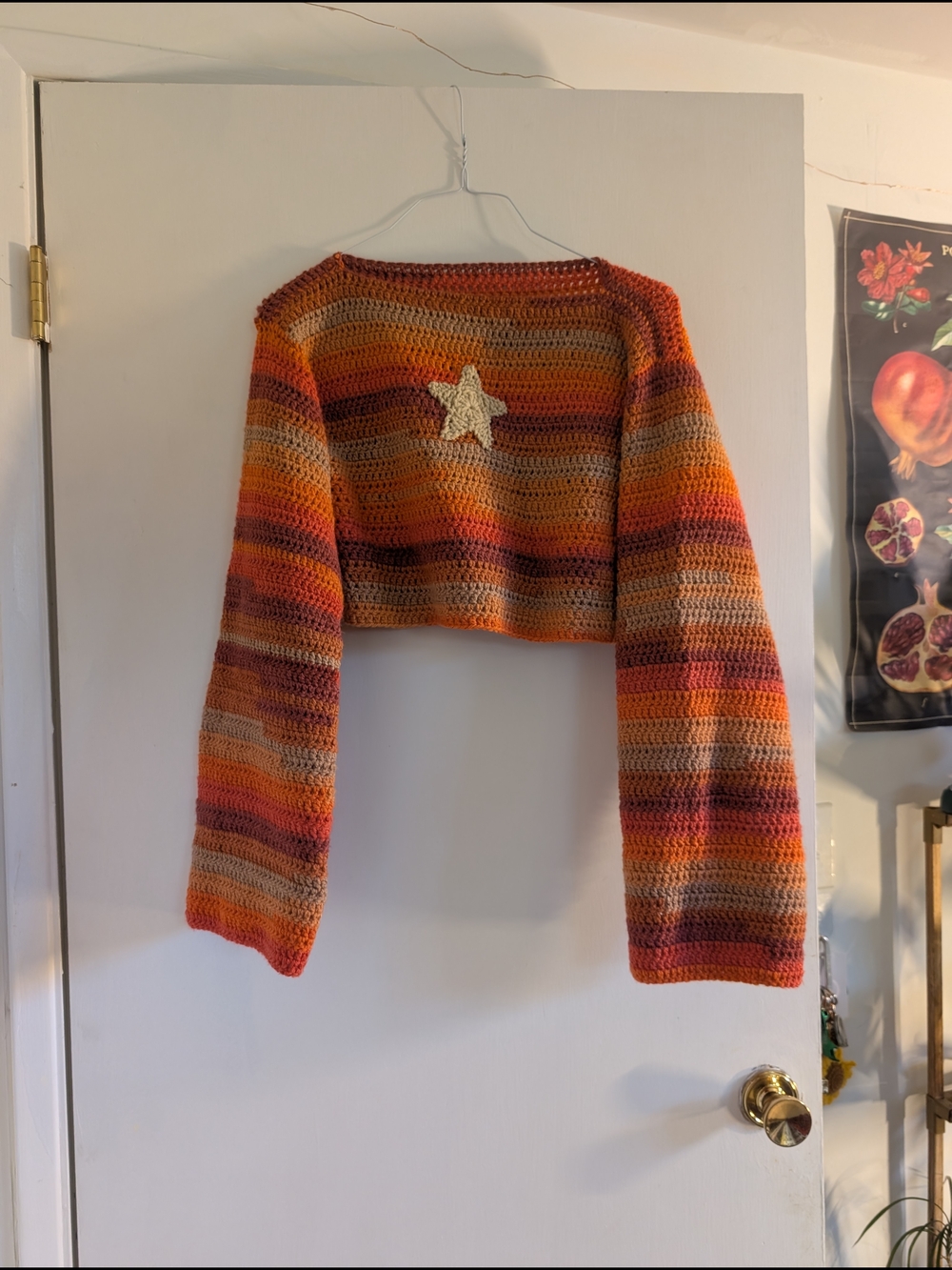 Cropped Striped Crochet Sweater with Star Patch - Orange Multi